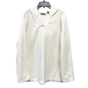 D&Co Comfort Zone Women's White Fleece Hooded Pullover V Neck Top Size L